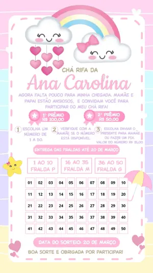 Chá Rifa de Bebê  Chuva de Amor Rosa Modelo Editável