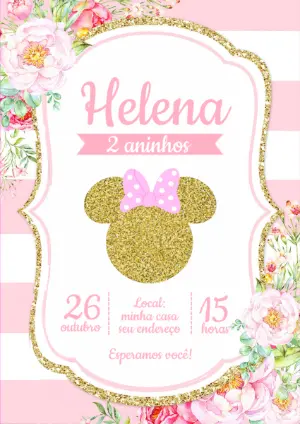 Convite Aniversário Minnie Rosa e Dourado para Editar Online