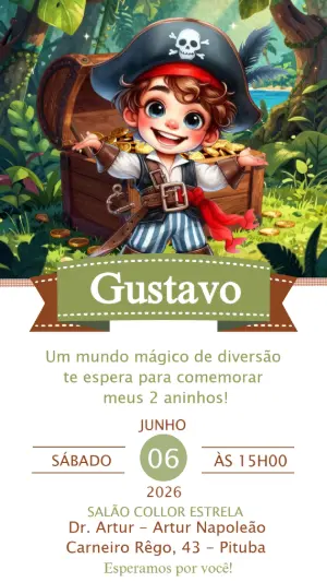 Convite de Aniversário Pirata Infantil para Editar Online
