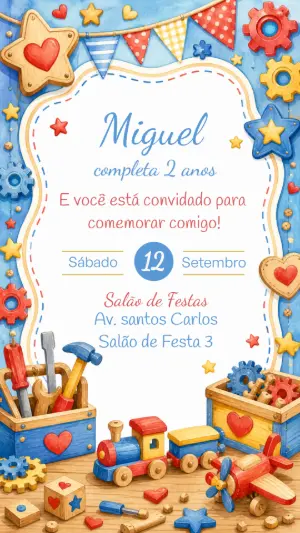 Convite Aniversário Fábrica de Brinquedos Aquarela Editável