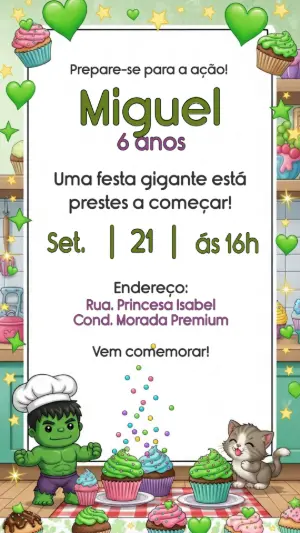 Convite Aniversário Hulk Confeiteiro para Editar Online