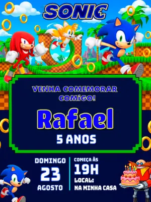 Convite de Aniversário Sonic Estilo Game Editável