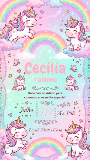 Convite de Aniversário Unicórnio Fofo para Editar