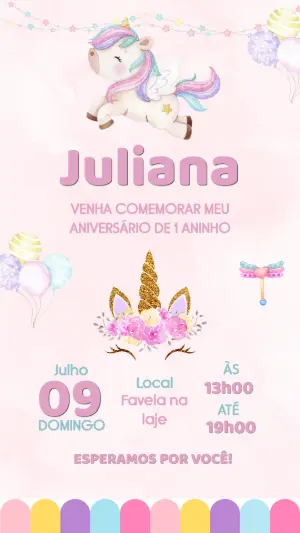 Convite de Aniversário Unicórnio Aquarela Fofo para Editar