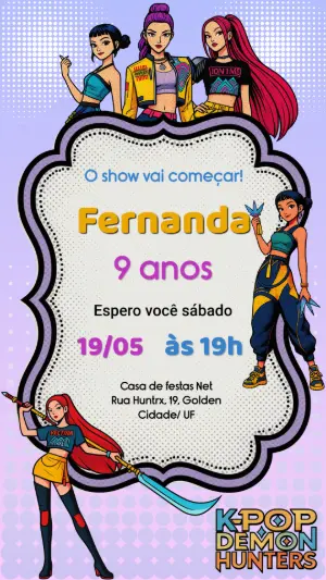 Convite de Aniversário K-pop Guerreiras Pop Art Editável