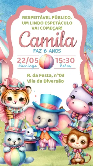 Convite de Aniversário Circo Rosa com Animais Fofos Editável