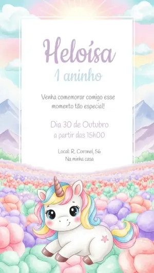 Convite de Aniversário Unicórnio Fofo para Editar Online