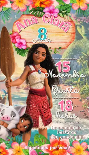 Convite de Aniversário Moana para Editar e Imprimir