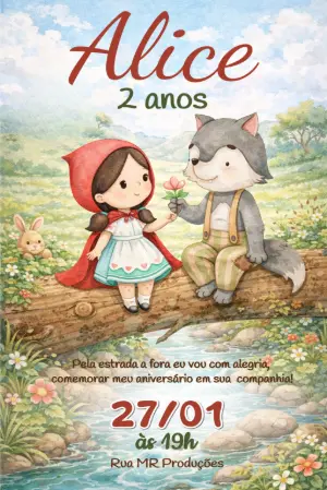 Convite de Aniversário Chapeuzinho Vermelho Aquarela Editável