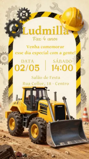 Convite de Aniversário Construção com Trator Amarelo para Editar
