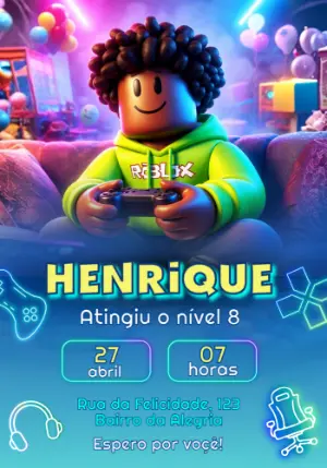 Convite de Aniversário Gamer Roblox Neon para Editar