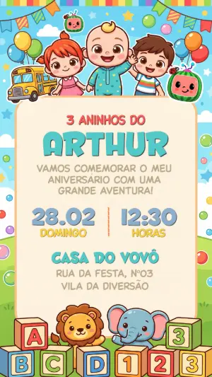 Convite de Aniversário Cocomelon Infantil para Editar