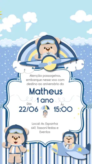 Convite Animado Ursinho Aviador para Aniversário Infantil