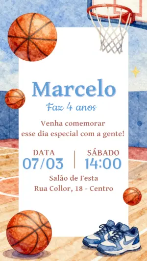 Convite de Aniversário Basquete Aquarela para Editar