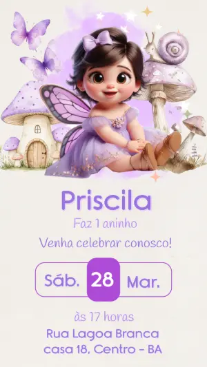 Convite de Aniversário Fada Lilás para Editar e Enviar