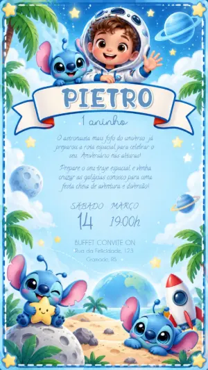 Convite de Aniversário Stitch Astronauta Modelo Editável