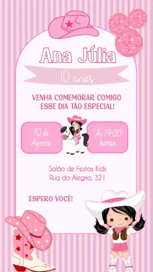 Convite Aniversário Boiadeira Country Rosa para Editar Online