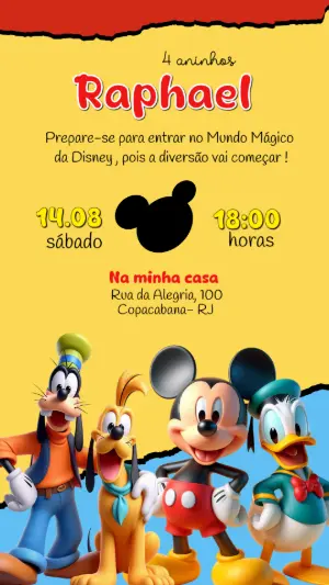 Convite de Aniversário Mickey e Turma Colorido para Editar