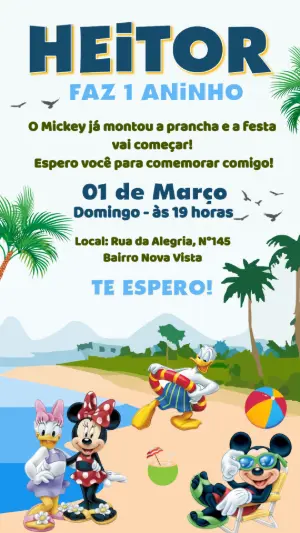 Convite de Aniversário Mickey na Praia Modelo Digital Editável