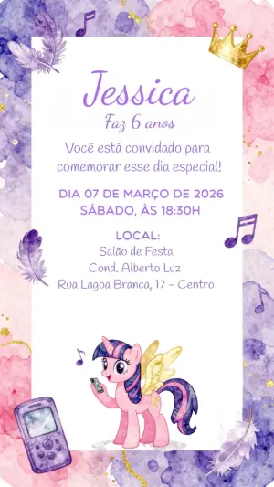 Convite de Aniversário My Little Pony Aquarela para Editar