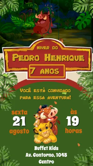Convite Animado Aniversário O Rei Leão para Editar Online