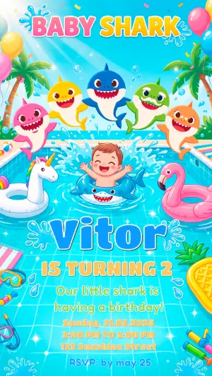 Editable Baby Shark Pool Party Birthday Invitation