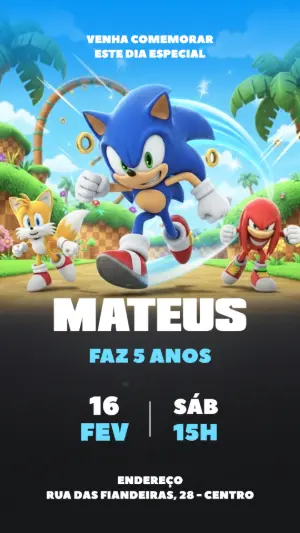 Convite Digital Aniversário Sonic e Amigos para Editar