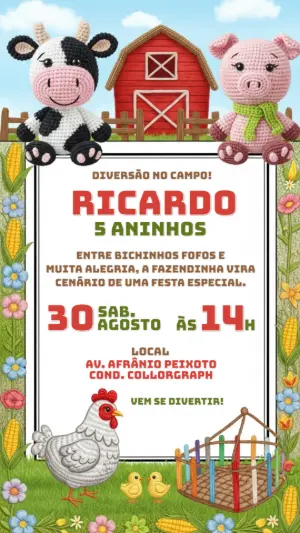 Convite Aniversário Fazendinha Amigurumi para Editar Online