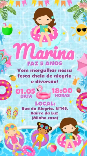 Convite de Festa na Piscina Infantil Colorido para Editar Online