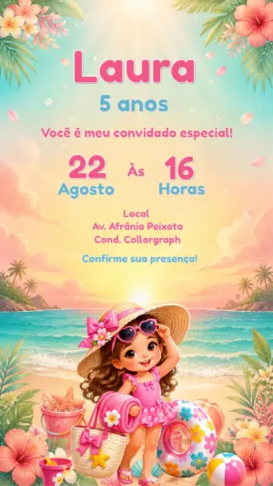 Convite de Aniversário Tropical na Praia Pôr do Sol Editável