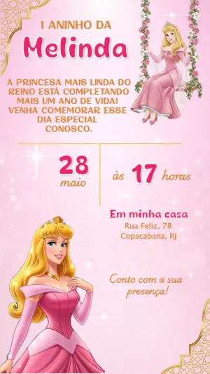 Convite de Aniversário Princesa Aurora Rosa Editável