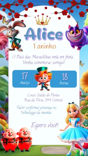Convite de Aniversário Alice no País das Maravilhas para Editar