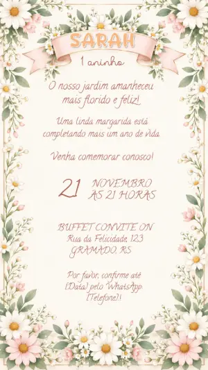 Convite de Aniversário Jardim das Margaridas Editável