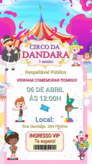 Convite Animado Aniversário Circo com Personagens para Editar