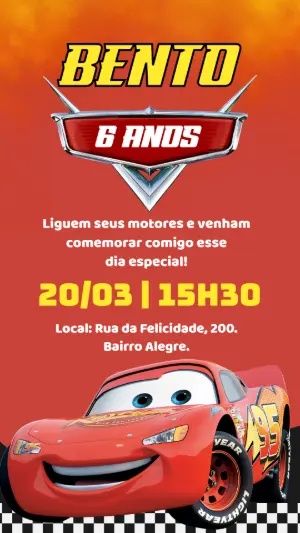 Convite de Aniversário Carros Disney com Relâmpago McQueen Editável