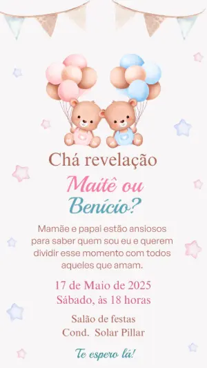 Convite Chá Revelação Ursinhos Aquarela para Editar Online