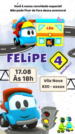 Convite de Aniversário Léo o Caminhão | Modelo Digital Editável
