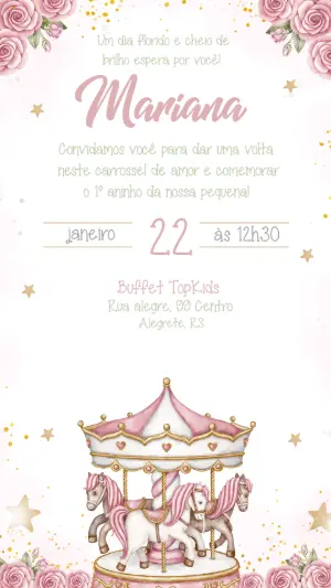 Convite de Aniversário Carrossel Rosa e Dourado Editável
