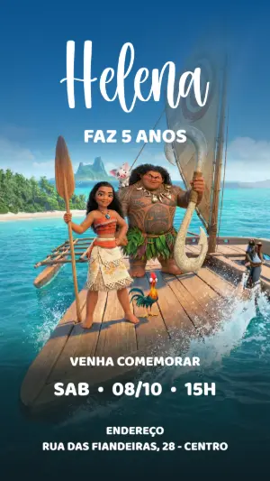Convite Digital Moana para Aniversário Infantil Editável
