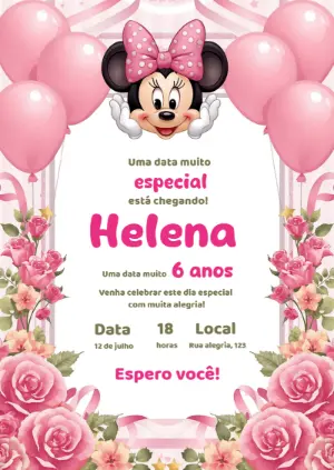 Convite Minnie Rosa Floral Editável para Aniversário Infantil