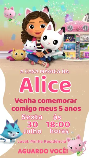 Convite de Aniversário Infantil A Casa Mágica da Gabby Editável