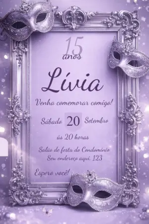 Convite 15 Anos Baile de Máscaras Lilás Editável