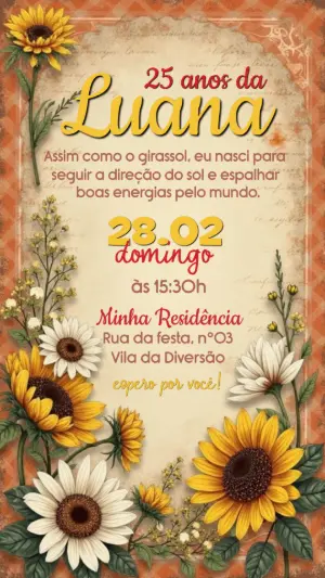Convite de Aniversário Girassol Rústico para Editar