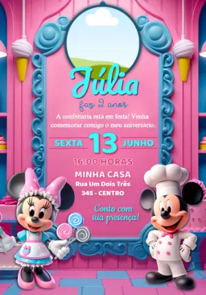 Convite de Aniversário Minnie Confeitaria com Foto Editável