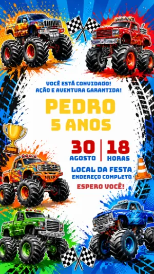 Convite de Aniversário Monster Truck Hotwheels para Editar