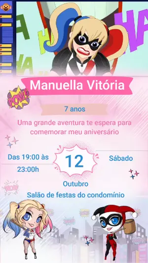 Convite Animado Arlequina para Aniversário Infantil Editável