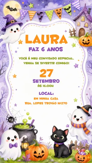 Convite Aniversário Fantasminha Halloween Editável