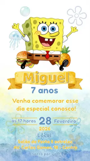Convite de Aniversário Bob Esponja Colorido para Editar