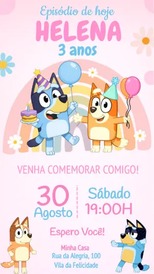 Convite de Aniversário Bluey e Bingo com Arco-Íris para Editar