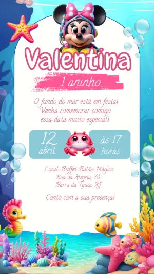 Convite Aniversário Minnie Fundo do Mar para Editar Online